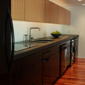Modern galley kitchen remodel with black cabinets                                            